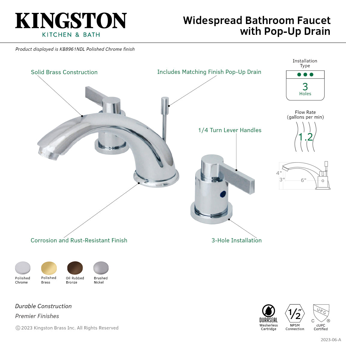 Kingston Tulare KB8965NDL - NuvoFusion Two-Handle 3-Hole Deck Mount Widespread Bathroom Faucet with Pop-Up Drain, Oil Rubbed Bronze — thumbnail 3